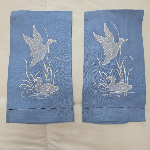 None Other - Vintage Blue Embroidered Duck Tea Towels– Set of 2, Handcrafted Linen, Farmhouse